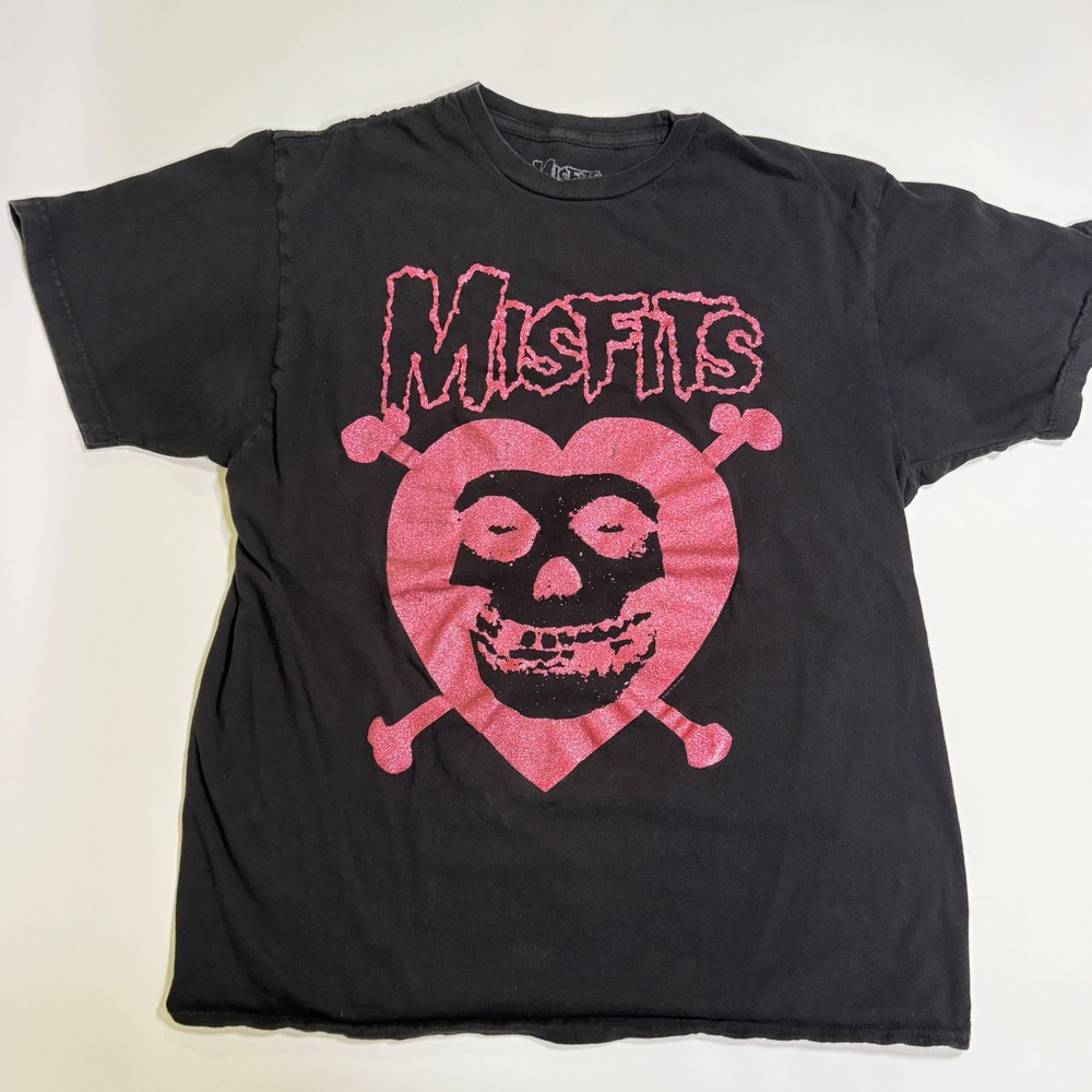 Misfits Fiend boyfriend fit women's XL Black Pink Glitter Heart Skull Logo